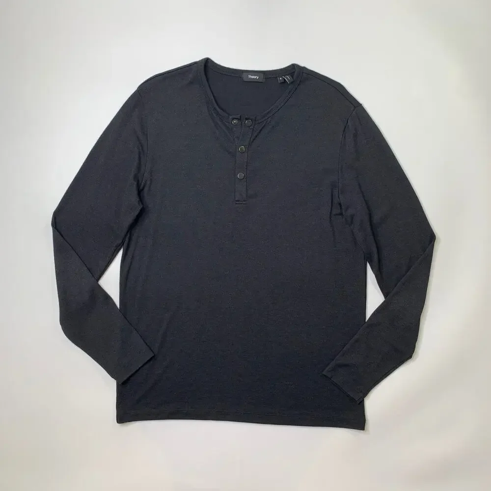 Theory Shirt Men XL Slim Fit Charcoal Long Sleeve Snap Button Henley Lightweight